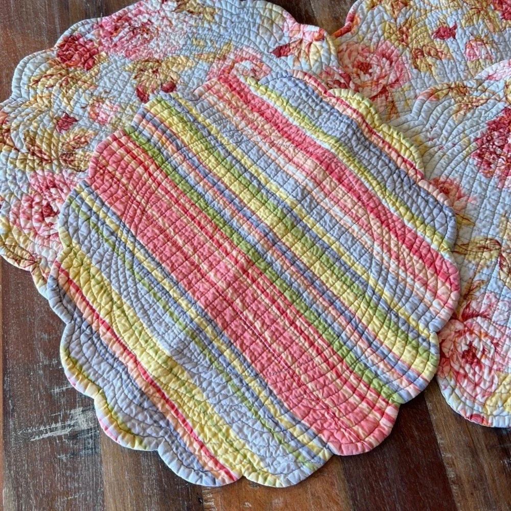 C&F Blue & Pink Floral Round Quilted, Reversible Striped Placemats Set of 4